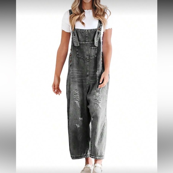 Light Blue Distressed Wide Leg Adjustable Strap Denim Jean Overalls - Picture 8 of 8